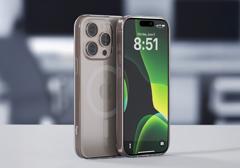 Etui ALLITY Clear Protector Mag do Apple iPhone  na smartfonie stojącym na stole   