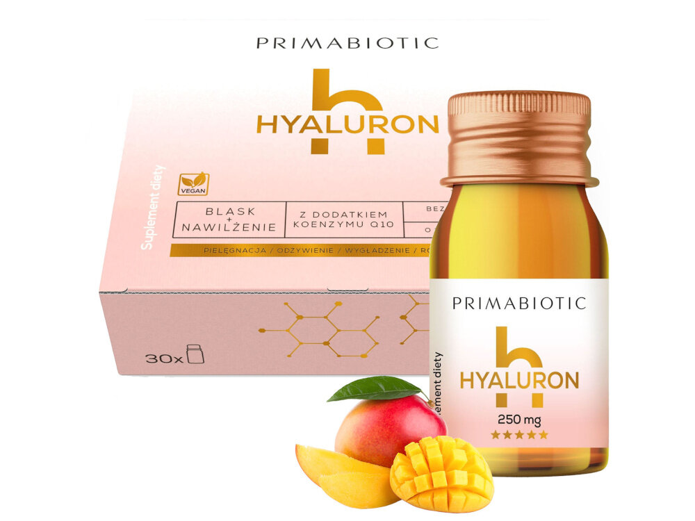 Kwas hialuronowy PRIMABIOTIC Mango 30 x 30 ml buteleczka pudełko i owoc mango na białym tle smak mango orzeźwiający na bazie soku jabłkowego i soku z mango odtworzonych z zagęszczonych soków dodatek naturalnego aromatu mango wygodna płynna forma łatwo przyswajalny 1 buteleczka 30 ml dziennie wstrząsnąć
