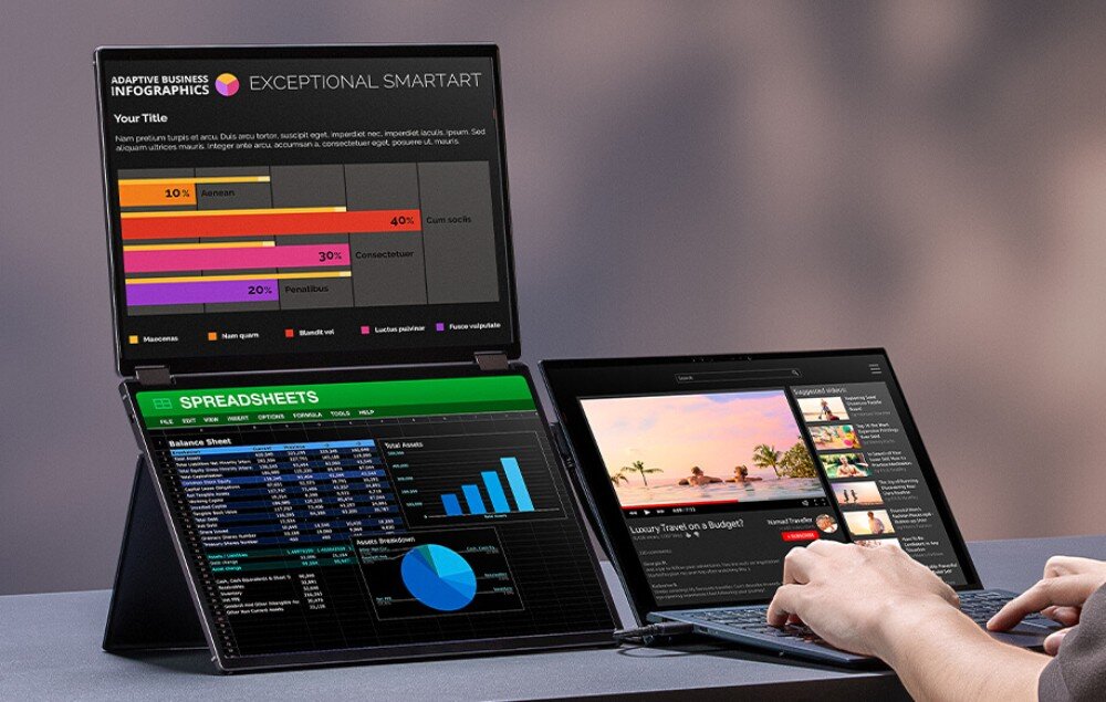 Monitor ASUS ZenScreen Duo MQ149CD Monitor z dwoma ekranami ustawiony pionowo obok laptopa, na górnym ekranie kolorowy wykres słupkowy, na dolnym arkusz kalkulacyjny, obok laptop z odtwarzanym filmem, przekątna, proporcje, rozdzielczość, składanie