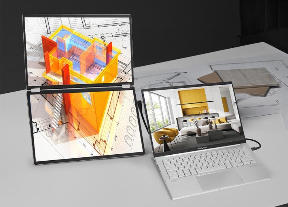 Monitor ASUS ZenScreen Duo MQ149CD Monitor z dwoma ekranami obok białego laptopa, na górnym ekranie widok projektu 3D budynku, na dolnym wizualizacja wnętrza, podstawka, regulacja, zawias