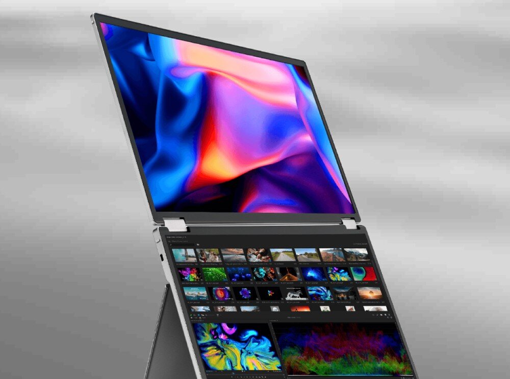 Monitor ASUS ZenScreen Duo MQ149CD Monitor z dwoma ekranami w orientacji pionowej, na górnym ekranie abstrakcyjna kolorowa grafika, na dolnym miniatury zdjęć i kolorowe wykresy, panel OLED, HDR, kontrast, kolory, jakość obrazu