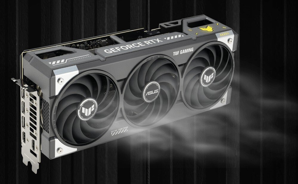 Karta graficzna ASUS TUF Gaming GeForce RTX 5070 OC Edition 12GB Widok karty graficznej z efektem wizualnym przedstawiającym przepływ powietrza przez wentylatory, wentylatory, chłodzenie, głośność