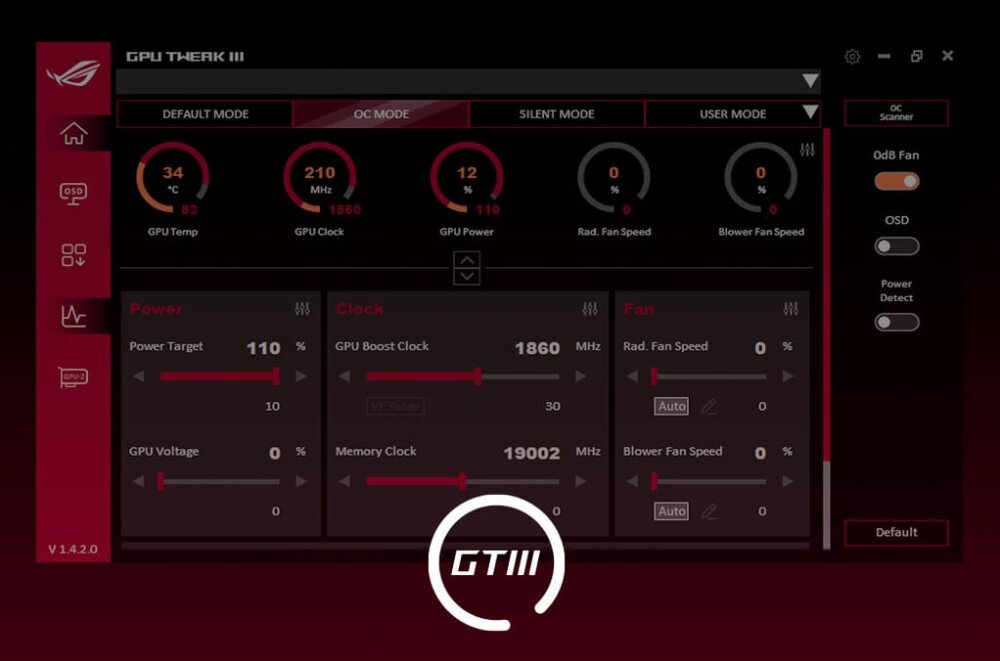 Karta graficzna ASUS TUF Gaming GeForce RTX 5070 OC Edition 12GB Zrzut ekranu z aplikacji 'GPU Tweak III' z wyświetlonymi parametrami pracy karty graficznej oraz suwakami do zmiany ustawień, aplikacja, funkcje, narzędzia