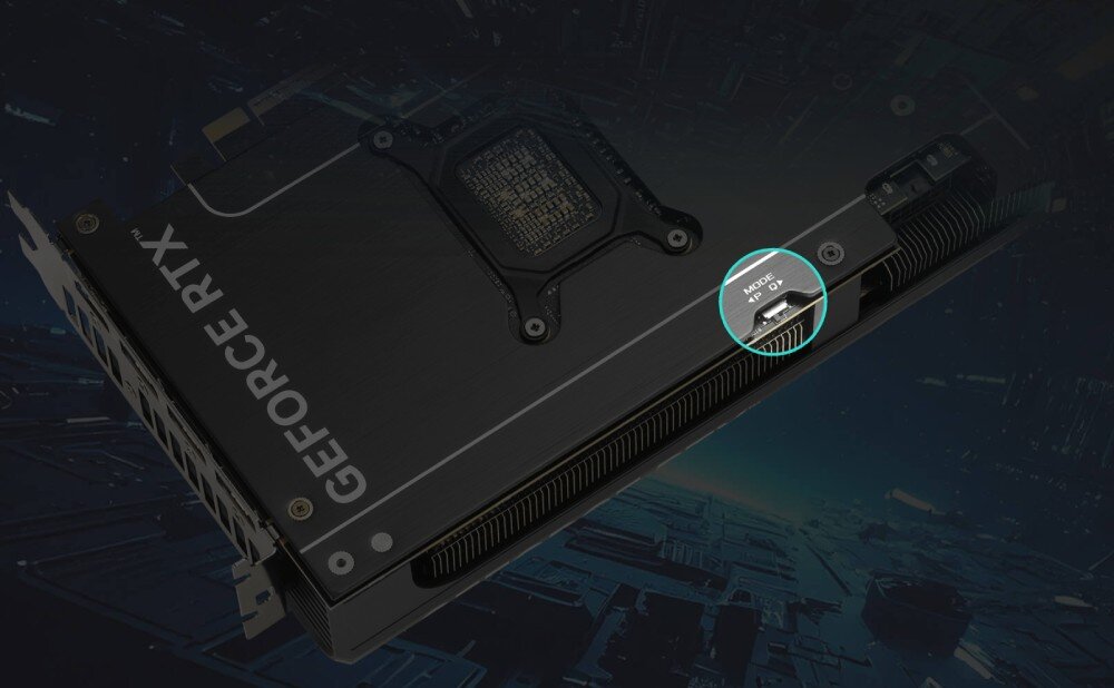 Karta graficzna ASUS Prime GeForce RTX 5070 OC 12GB Zdjęcie pokazuje tylną część karty graficznej z przybliżeniem na przełącznik oznaczony jako 'MODE P Q', który umożliwia zmianę trybu BIOS-u. W tle cyfrowy motyw, przełącznik BIOS, tryby działania