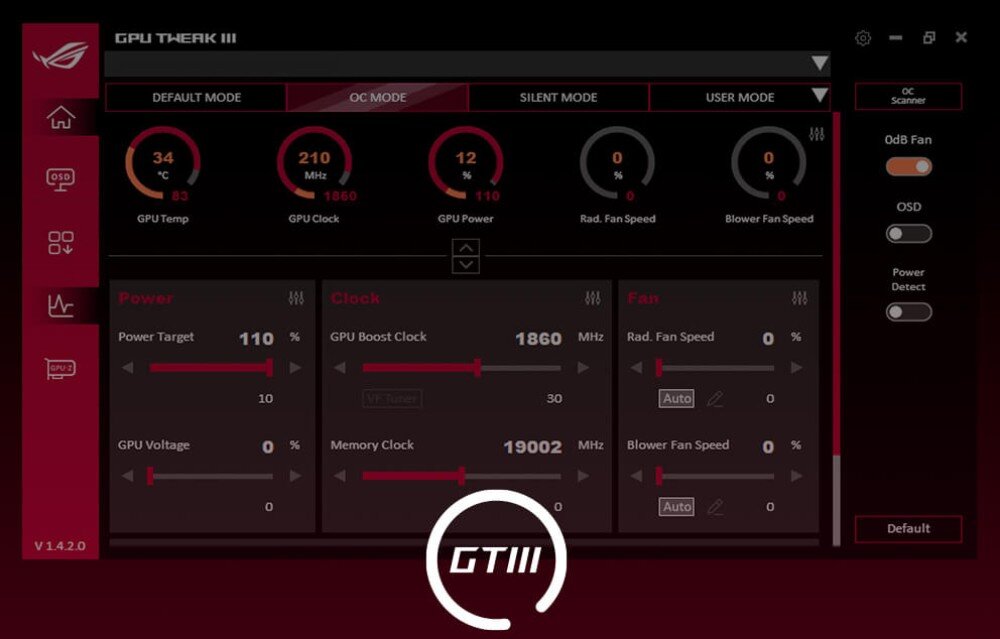 Karta graficzna ASUS Prime GeForce RTX 5070 12GB Interfejs oprogramowania GPU Tweak III z widocznymi parametrami pracy karty graficznej, takimi jak temperatura, taktowanie i napięcie
