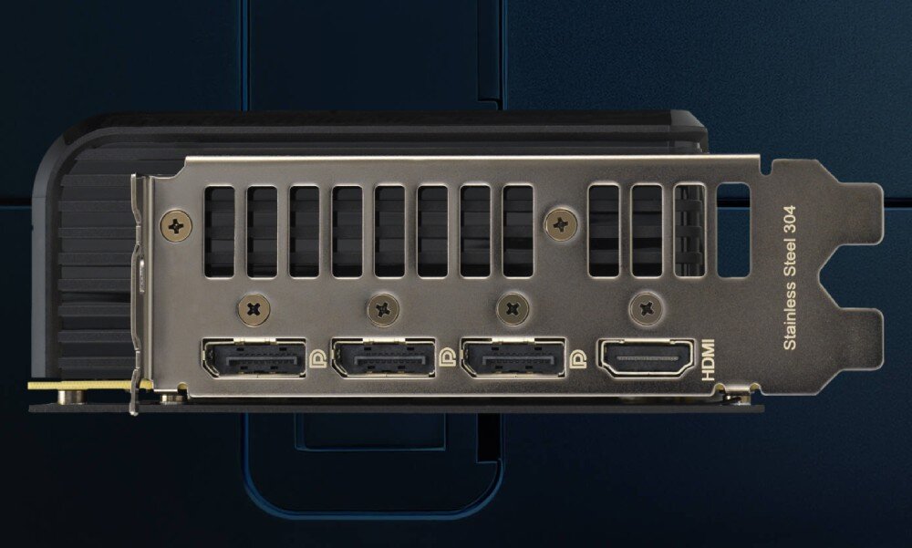 Karta graficzna ASUS Prime GeForce RTX 5070 12GB Ujęcie na porty karty graficznej z widocznymi portami DisplayPort i HDMI, rdzenie CUDA, pamięć, rozdzielczość, porty
