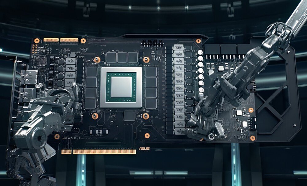 Karta graficzna ASUS Prime GeForce RTX 5070 12GB Grafika prezentująca proces automatycznego montażu płyty głównej karty graficznej, produkcja, montaż