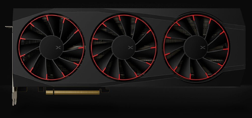 Karta graficzna XFX Quicksilver Radeon RX 9070 XT Magnetic Air Edition 16GB Karta graficzna przedstawiona z przodu, z trzema dużymi wentylatorami w obudowie o ciemnym wykończeniu i czerwonych akcentach, wygląd, chłodzenie, miedziana podstawa