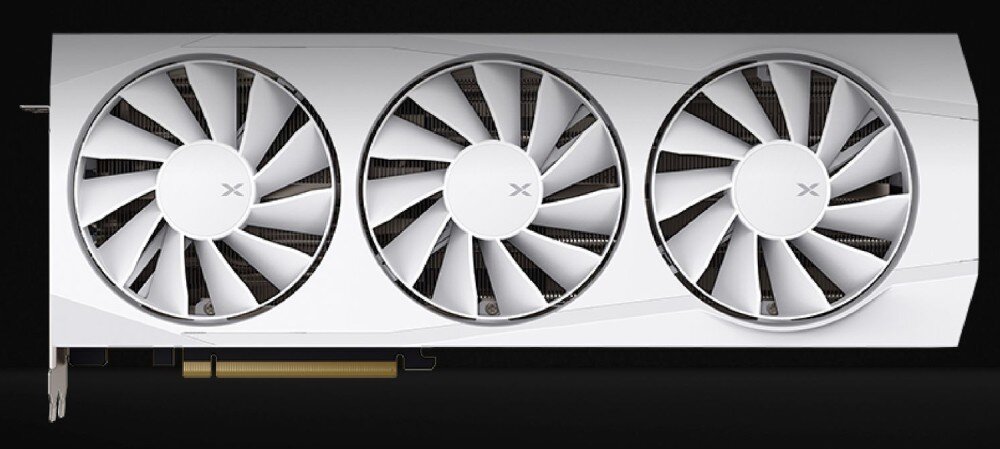 Karta graficzna XFX Swift Radeon RX 9070 XT White Triple Fan Gaming Edition 16GB Widok z góry na kartę graficzną XFX z trzema dużymi wentylatorami chłodzącymi ustawionymi w jednej linii, chłodzenie, wentylatory, ciepłowody