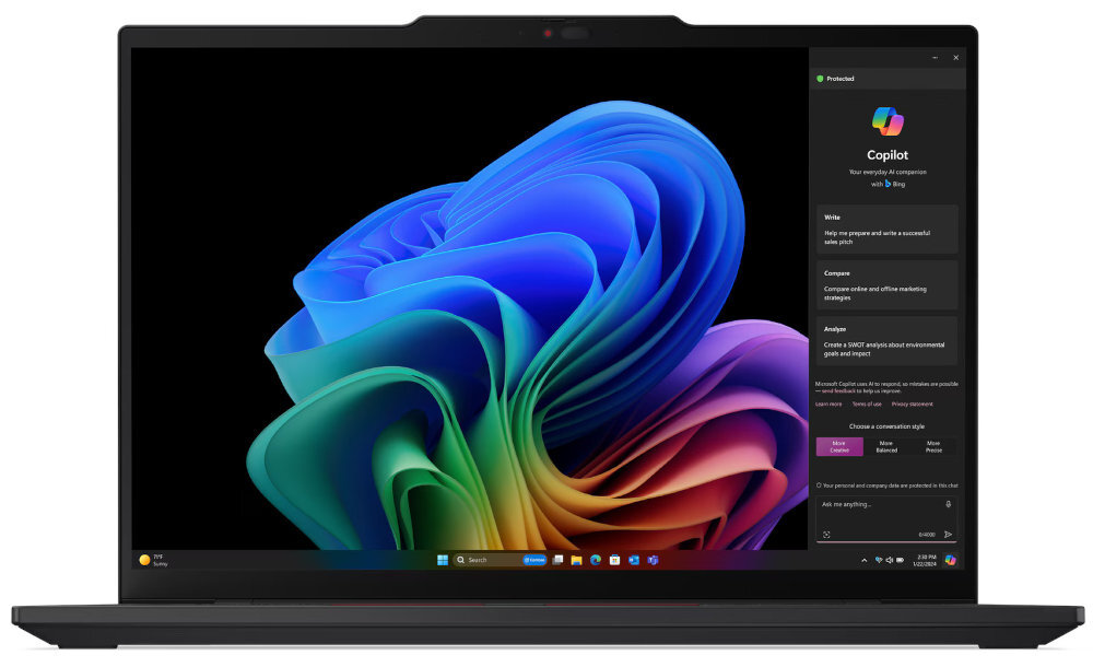 Zbliżenie na ekran laptopa Lenovo ThinkPad T14s z cienkimi ramkami, wyświetlacz prezentuje interfejs asystenta Copilot z funkcjami pisania, porównywania i analizy, w górnej części widoczna kamera internetowa. - 14-calowym WUXGA (1920 x 1200 px) IPS 400 nitów Antyodblaskowa powłoka 