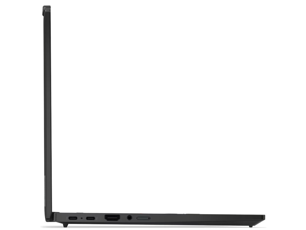 Boczny profil zamkniętego laptopa Lenovo ThinkPad T14s na białym tle, widoczne porty: dwa USB-C, HDMI i USB-A, podkreślające smukłą i funkcjonalną konstrukcję urządzenia. - Dwa porty USB-A (USB 3.2 Gen 1, 5Gbps) Always On Dwa porty USB-C Thunderbolt 4 DisplayPort 2.1 HDMI 2.1 