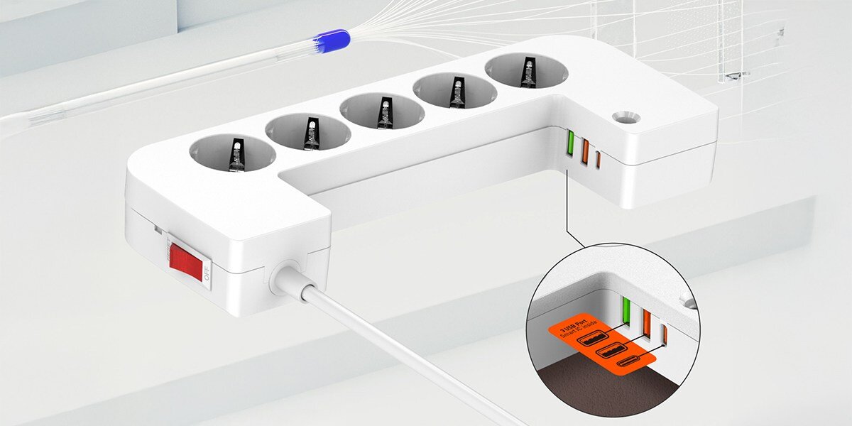 Listwa antyprzepięciowa ENERGIZER EPB2500W03EU (2 m) Biały Wyciągnięta ze środka biała listwa zasilająca w kształcie litery L z pięcioma gniazdami AC i trzema portami USB. Widoczny czerwony włącznik i szczegółowe ujęcie portów USB