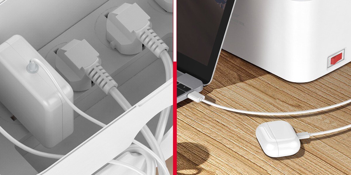 Listwa antyprzepięciowa ENERGIZER EPB2500W03EU (2 m) Biały Zdjęcie podzielone: po lewej wtyczki kabli wpięte w listwę wewnątrz pojemnika; po prawej zasilacz słuchawkowy podłączony do laptopa, symbolizujący porządek i możliwość ładowania