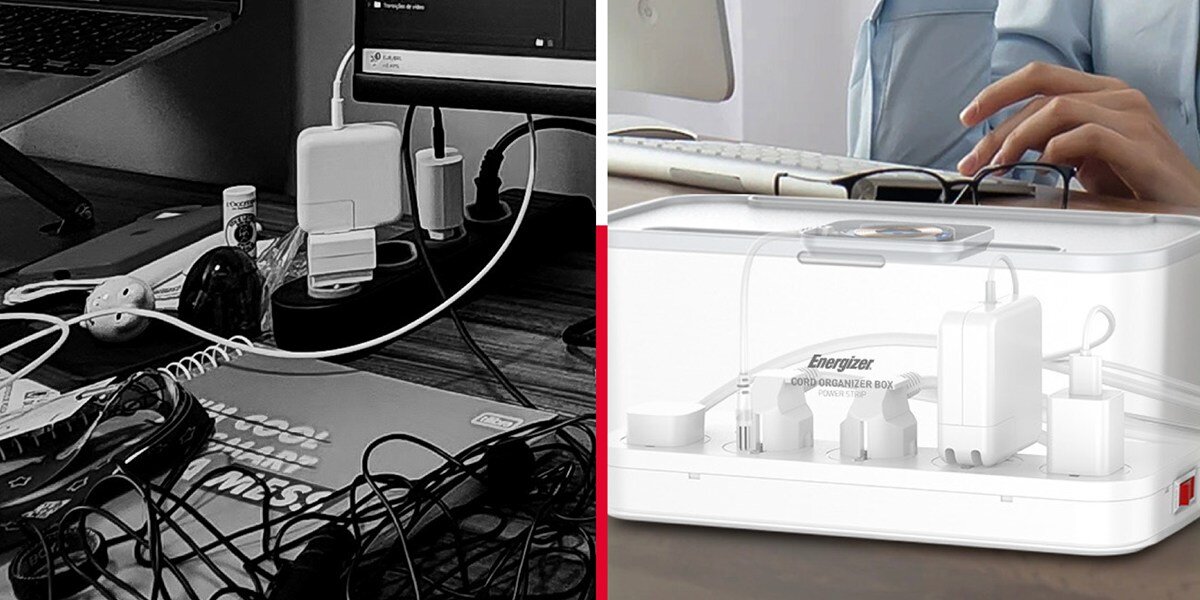 Listwa antyprzepięciowa ENERGIZER EPB2500W03EU (2 m) Biały Zdjęcie porównawcze: po lewej stronie (czarno-białej) chaos splątanych kabli, po prawej stronie (kolorowej) uporządkowane kable i zasilacze wewnątrz białego pojemnika Energizer Cord Organizer Box