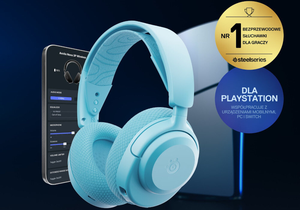 Słuchawki STEELSERIES Arctis Nova 3P - Mocna i czysta głośność, słuchawki gamingowe, samrtfon, konsola ps5 na ciemno-niebieskim tle