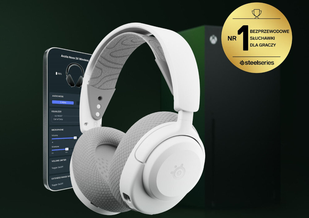 Słuchawki STEELSERIES Arctis Nova 3X - Mocna i czysta głośność, słuchawki gamingowe, samrtfon, konsola xbox na ciemno-niebieskim tle