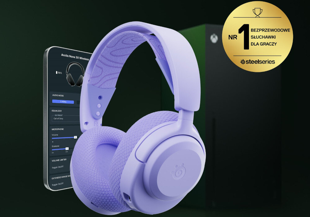 Słuchawki STEELSERIES Arctis Nova 3X - Mocna i czysta głośność, słuchawki gamingowe, samrtfon, konsola xbox na ciemno-niebieskim tle