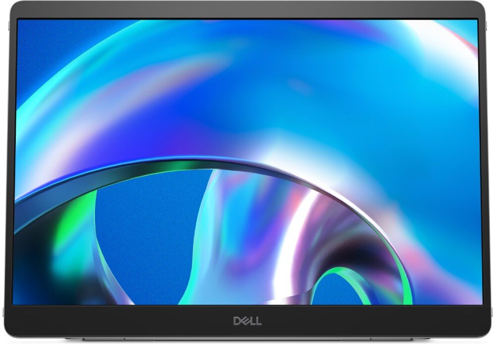 Monitor DELL Pro 14 Plus P1425 Zbliżenie na monitor z wyświetlonymi abstrakcyjnymi, kolorowymi kształtami w odcieniach niebieskiego i fioletowego, ochrona oczu, ograniczenie niebieskiego światła