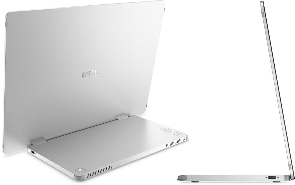 Monitor DELL Pro 14 Plus P1425 Tył i bok przenośnego monitora w srebrnym kolorze z widocznymi złączami i cienką obudową, porty USB-C, zasilanie, podłączenie