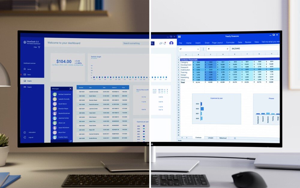 Monitor DELL UltraSharp U2725QE Widok na podzielony ekran panoramicznego monitora stojącego na biurku, lewa połowa wyświetla pulpit z ikonami i wykresem, prawa połowa otwarty arkusz kalkulacyjny z danymi finansowymi i wykresem słupkowym, ochrona wzroku, certyfikaty, czujnik oświetlenia