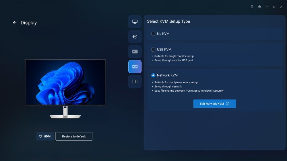 Monitor DELL UltraSharp U2725QE Zrzut ekranu menu ustawień oprogramowania Dell KVM z wybraną opcją 'Network KVM', obok widoczna miniatura monitora z niebieską tapetą Windows, narzędzia, funkcje