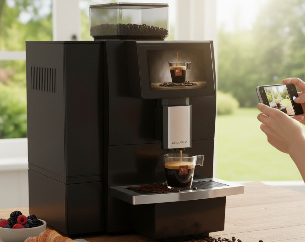 Ekspres DR.COFFEE F11 Big Profesjonalny zdjęcie lifestyle Młynek z ceramicznymi płaskimi żarnami  możliwość zmiany nazwy zapisanej kawy preferencje