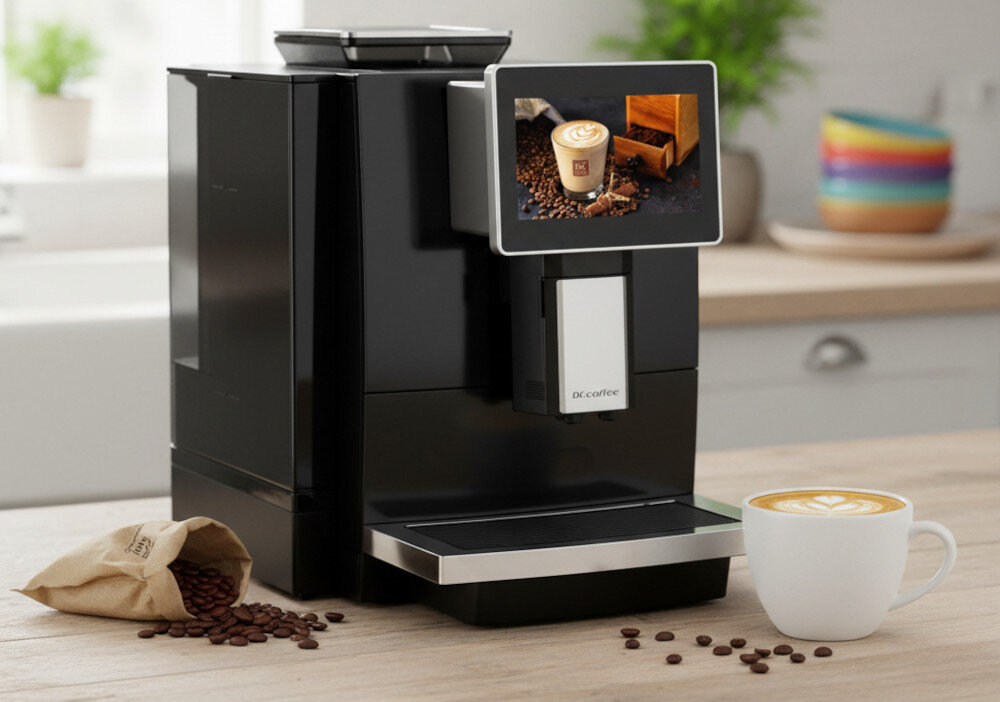 Ekspres DR.COFFEE F10 Profesjonalny  zdjęcie lifestyle 24 kawowe specjały 24 specjały kawowe  60 napojów dziennie wymiary wysokość szerokość głębokość