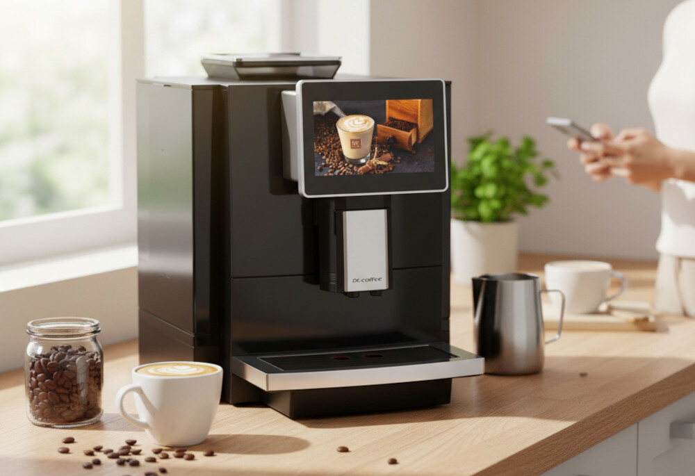 Ekspres DR.COFFEE F10 Profesjonalny  zdjęcie lifestyle Cicha praca Poziom hałasu wynoszący 70 dB kawa
