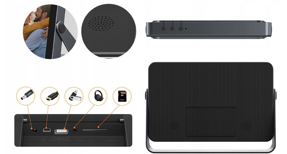 Ramka cyfrowa KODAK SB9782 Czarny prezentacja ramki od tyłu na białym tle pokazanie dodatkowych możliwości dodania pamięci oraz portów i funkcjonalności ramki pamięć wewnętrzna chmura możliwość korzystania z kart pendrive