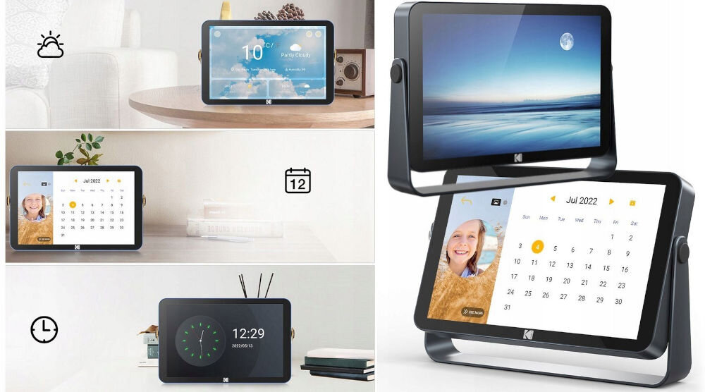 Ramka cyfrowa KODAK SB9782 Czarny prezentacja ramki z różnymi włączonymi funkcjami praktyczny organizer dnia stacja pogody temepratura zegar budzik kalendarz synchronizowany przez Wi-Fi domowe centrum informacji