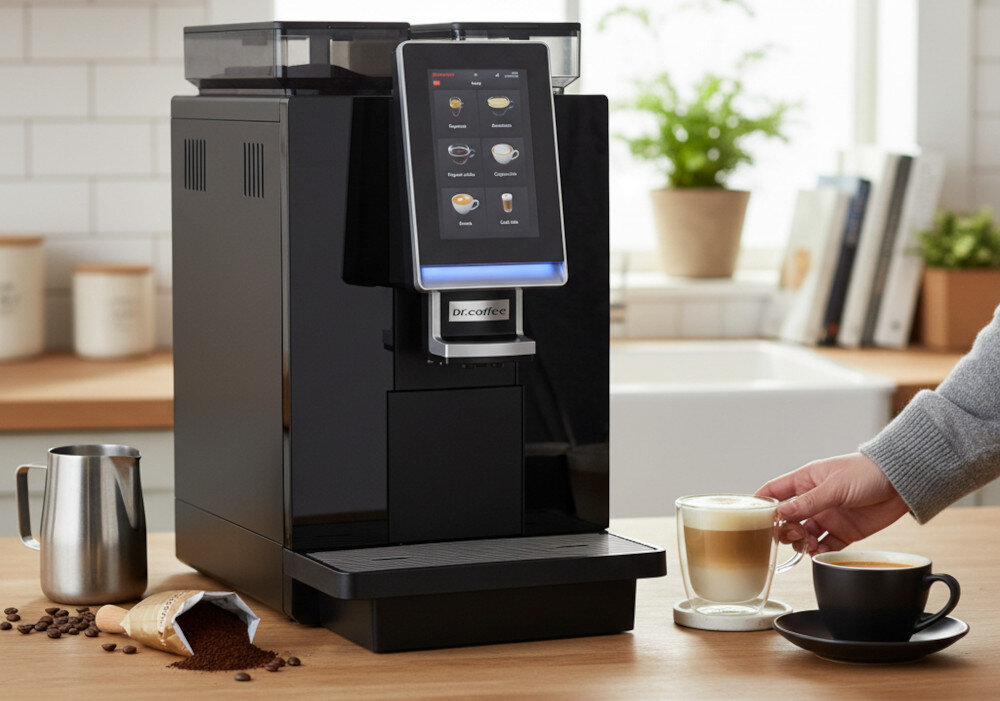 Ekspres DR.COFFEE Minibar S Profesjonalny zdjęcie lifestyle Gładka mleczna pianka  korzystanie z mleka w proszku Dysza pary  Dysza gorącej wody dostęp do gorącej wody za pomocą jednego przycisku