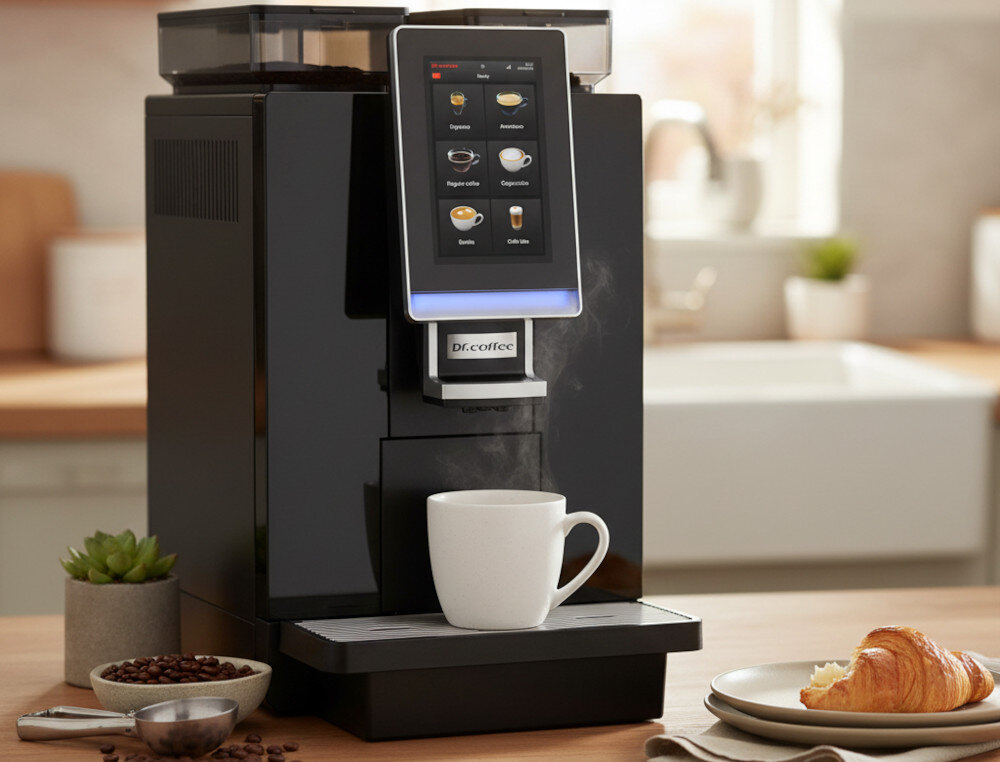 Ekspres DR.COFFEE Minibar S Profesjonalny zdjęcie lifestyle Wydajna praca do 200 napojów dziennie  Moc 3100 W czas ciśnienie 19 bar Możliwość wykorzystania produktów instant 