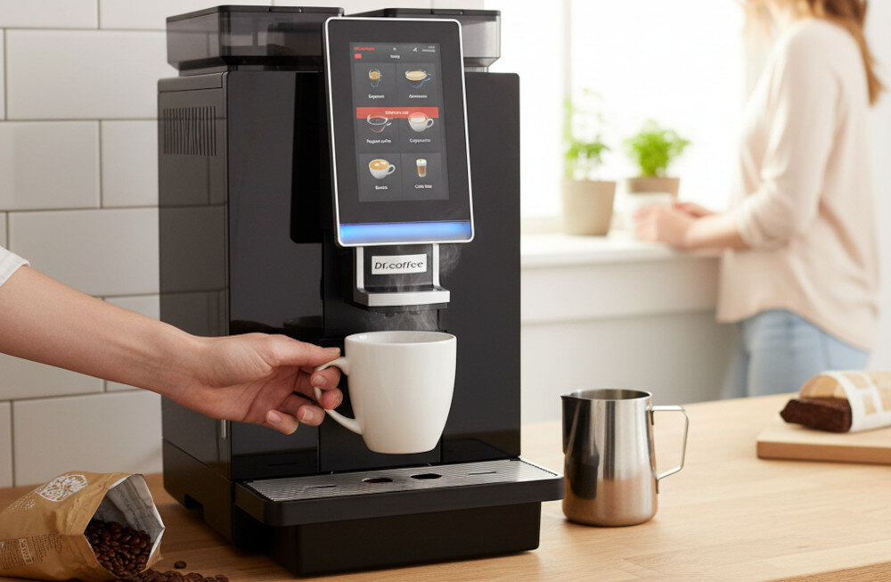 Ekspres DR.COFFEE Minibar S Profesjonalny zdjęcie lifestyle Duży zapas kawy pojemność zbiornik woda pojemność napój
