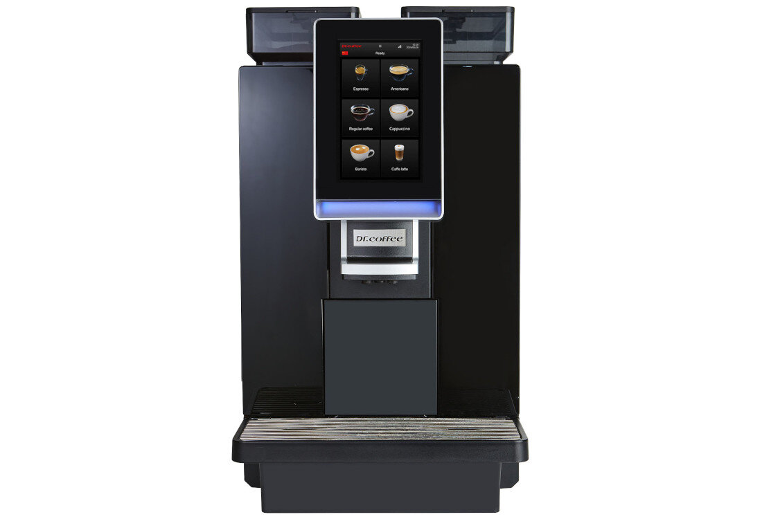 Ekspres DR.COFFEE Minibar S Profesjonalny zdjęcie lifestyle Prosta obsługa Ekran o przekątnej 7 cali System samooczyszczania wymiary szerokość głębokość wysokość waga poziom hałasu cicha praca zasilanie częstotliwość