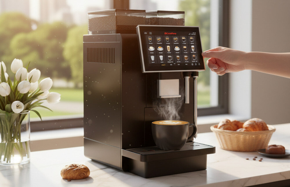 Ekspres DR.COFFEE Coffee Express Profesjonalny zdjęcie lifestyle Dwie kawy w jednym