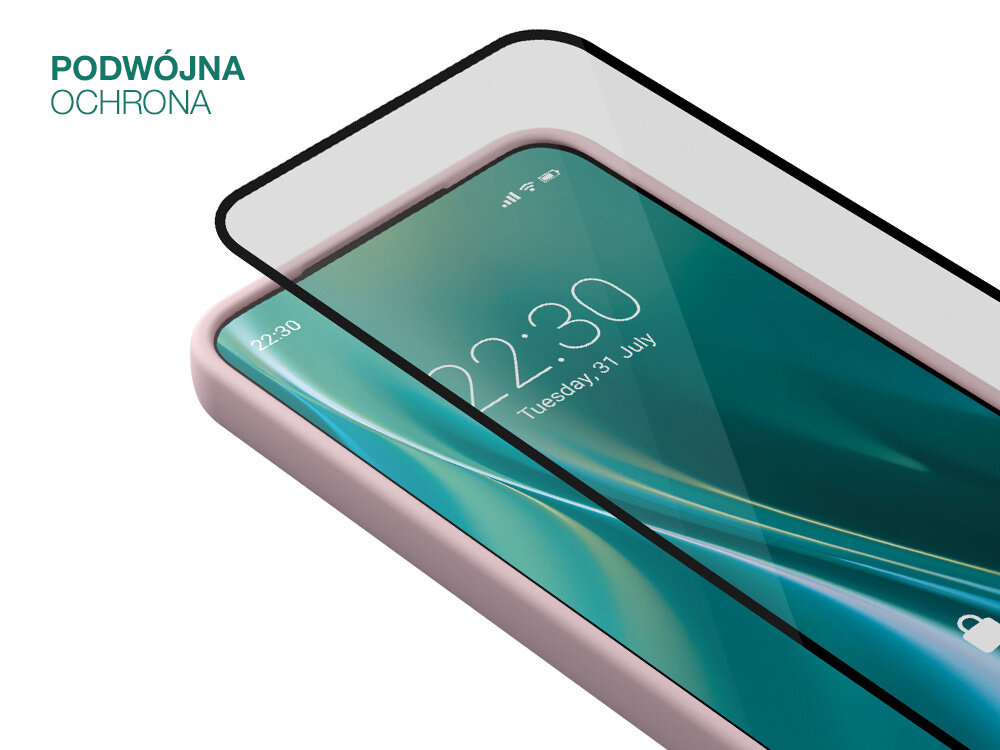 Obraz przedstawia smartfon w jasnoróżowym etui z nałożoną przezroczystą osłoną ekranu. Na ekranie widoczna jest godzina 22:30 oraz data Tuesday, 31 July, a w lewym górnym rogu znajduje się napis \'PODWÓJNA OCHRONA\'.