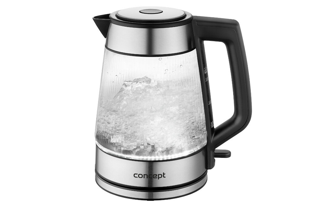 Czajnik CONCEPT RK4210 Ryflowane Szkło Wyrazisty design szkła Ryflowane szkło w połączeniu ze stalą nierdzewną elegancki wygląd Przezroczysta obudowa obserwować poziom wody i proces gotowania ułatwienie kontrola napoje