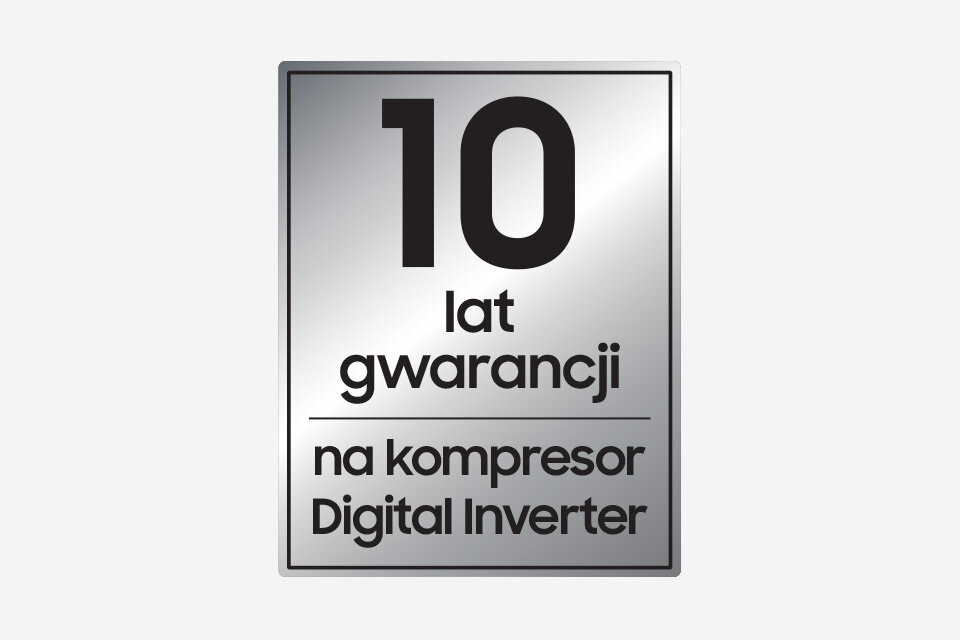 Obraz przedstawia srebrną plakietkę z napisem: \'10 lat gwarancji na kompresor Digital Inverter\'.