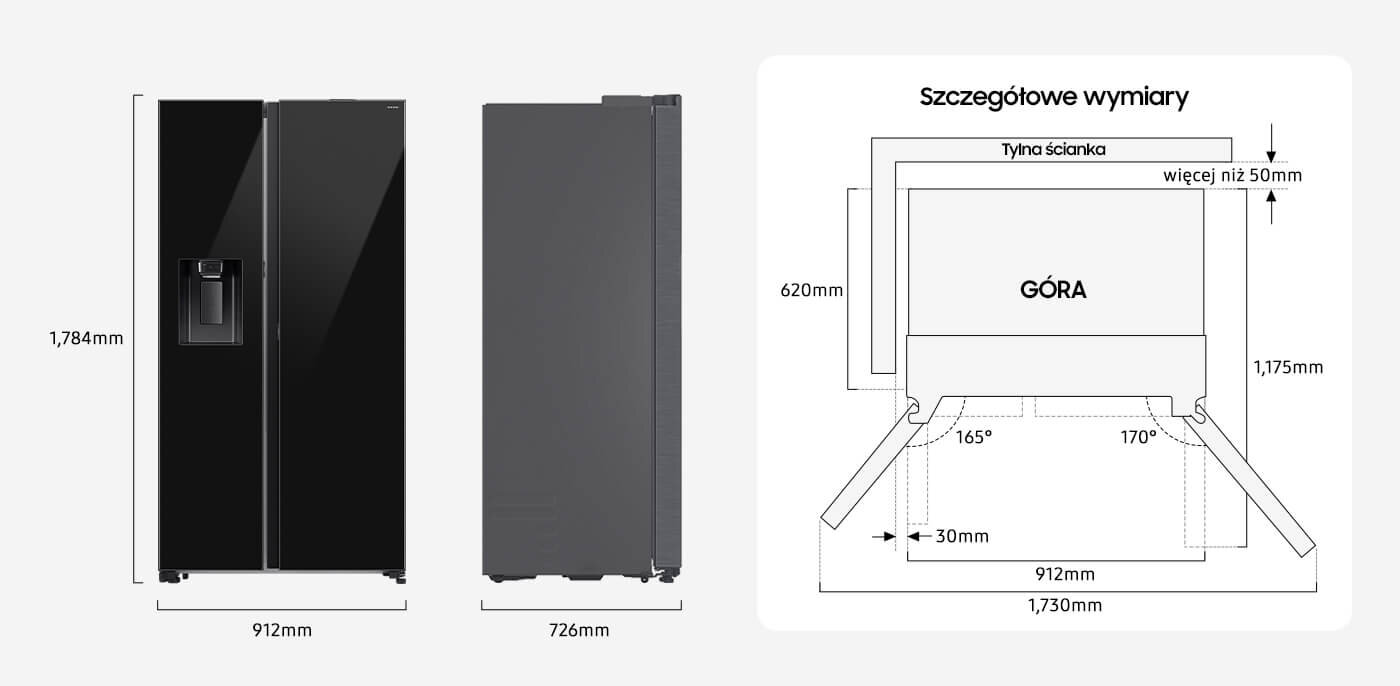 Obraz przedstawia czarną lodówkę typu Side by Side z dystrybutorem wody, o wymiarach 1784 mm wysokości, 912 mm szerokości i 726 mm głębokości. Obok znajduje się schemat z wymiarami szczegółowymi, w tym 1730 mm szerokości całkowitej i 1175 mm głębokości z otwartymi drzwiami.