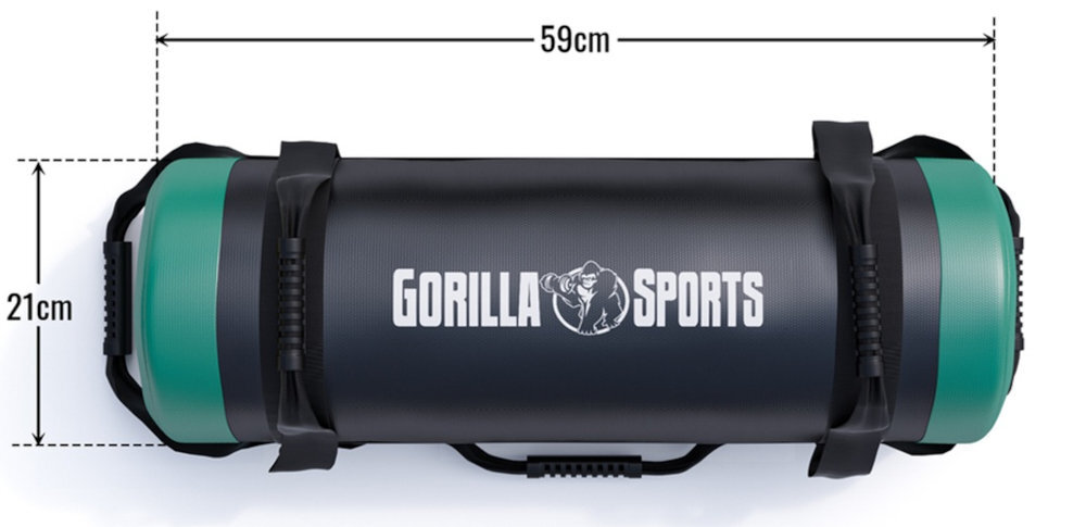 GORILLA SPORTS Sandbag wymiary 59 x 21 cm 10 kg antypoślizgowym uchwytom piasku metalowego sztuczna skóra przysiadach, martwym ciągu, wyciskaniu, jak i podciąganiu - worek od góry z wymiarami
