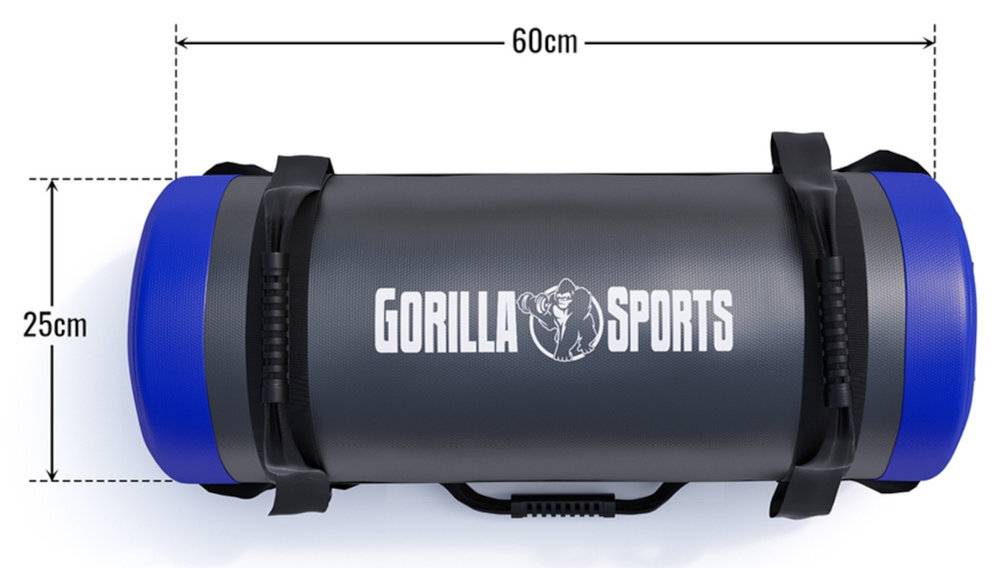 GORILLA SPORTS Sandbag wymiary 60 x 25 cm 20 kg antypoślizgowym uchwytom piasku metalowego sztuczna skóra przysiadach, martwym ciągu, wyciskaniu, jak i podciąganiu - worek od góry z wymiarami