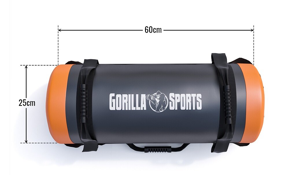 GORILLA SPORTS Sandbag wymiary 60 x 25 cm 30 kg antypoślizgowym uchwytom piasku metalowego sztuczna skóra przysiadach, martwym ciągu, wyciskaniu, jak i podciąganiu - worek od góry z wymiarami