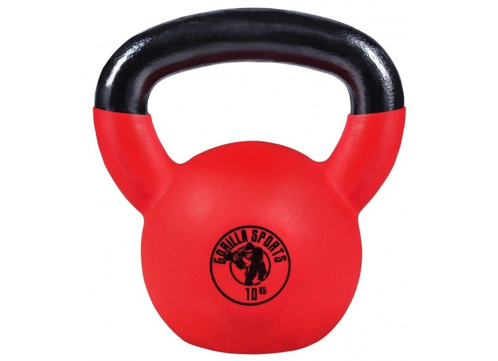 Kettlebell GORILLA SPORTS 3457 (10 kg) kettlebell na białym tle widoczny od przodu waga 10 kg wszechstronny sprzęt do treningu siłowego i crossfit wspiera rozwój całego ciała pomaga budować siłę poprawiać kondycję wzmacniać stabilizację tułowia do użytku w domu na sali treningowej