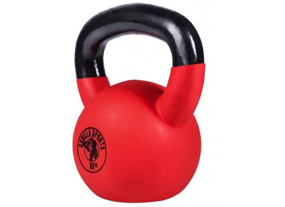 Kettlebell GORILLA SPORTS 3457 (10 kg) kettlebell na białym tle widoczny od przodu pod skosem gumowana powłoka chroni podłogę przed zarysowaniami i uszkodzeniami mechanicznymi może bezpiecznie używany w domu wodoodporna powierzchnia