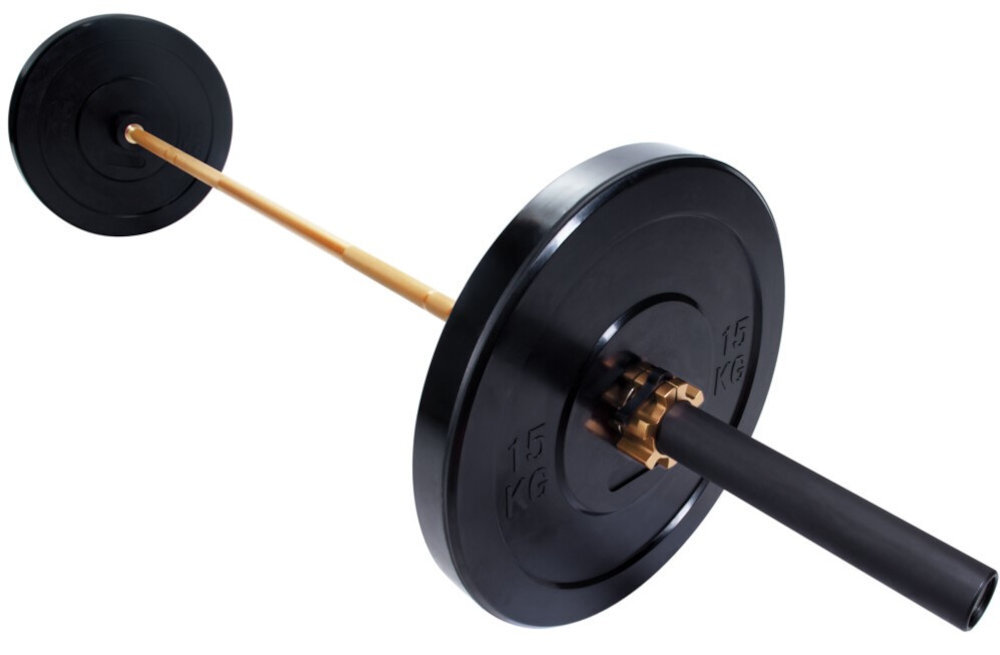 Gryf olimpijski GORILLA SPORTS litej stali ceramiczną powłoką hybrydowe radełkowanie długość rękawa na obciążenia to 40 cm średnica uchwytu wynosi 28,5 mm - gryf na białym tle