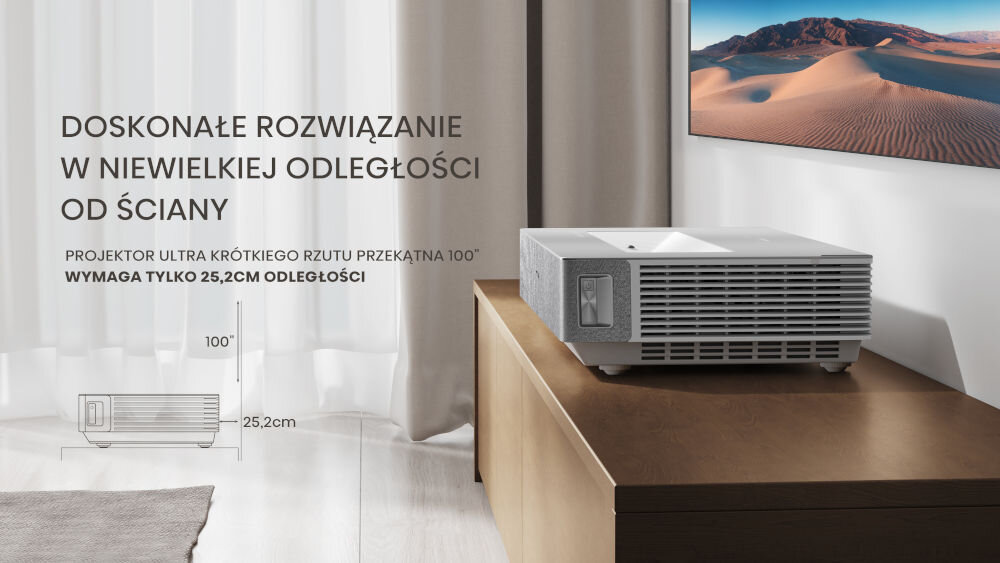 Laser TV HISENSE 100L5ND - Ultrakrótka ogniskowa, laser postawiony na komodzie w salonie
