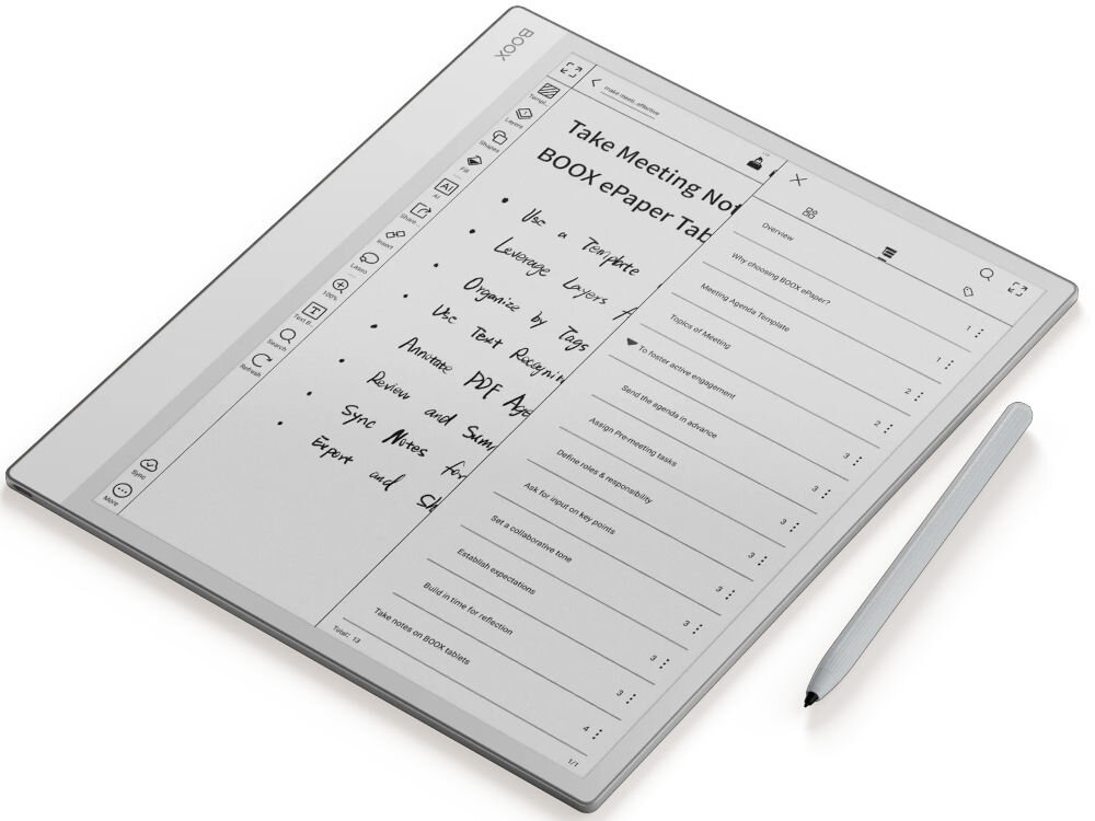Czytnik e-booków ONYX Boox Note Max 13.3 cala, Wi-Fi Szary prezentacja urządzenia od przodu pod kątem obok rysik na białym tle z włączonym plikiem tekstowym dla osób oczekujących dużej przestrzeni roboczej praca z dokumentami projekty graficzne materiały szkoleniowe swoboda tworzenia