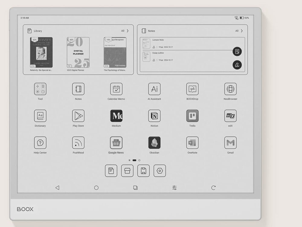 Czytnik e-booków ONYX Boox Note Max 13.3 cala, Wi-Fi Szary prezentacja ekranu głównego urządzenia jasne tło dopasowanie ekranu głównego do indywidualnych potrzeb BOOXDrop przesyłanie plików między komputerem smartfonem i innymi urządzeniami Onyx Cloud dostęp do notatek z dowolnego miejsca obsługa hiperłączy PDF