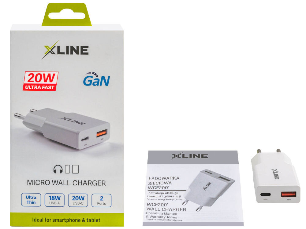 Ładowarka sieciowa XLINE WCF200 20W GAN elementy zestawu opakowanie instrukcja