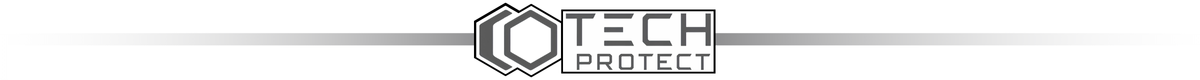 Logo z napisem \'TECH PROTECT\' z geometrycznym symbolem po lewej stronie, umieszczone na tle z gradientem szarości.